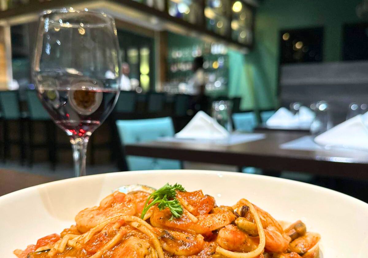 entree and wine at restaurant