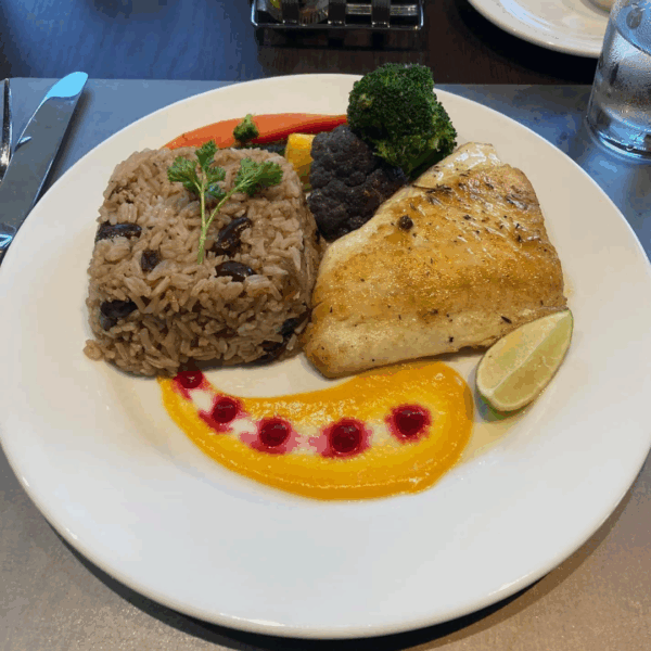 fresh fish, rice and veggies from Cilantros Grill on North Caicos