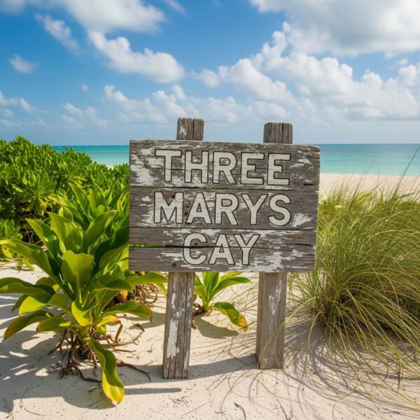 An old wooden sign in the sand, weathered and painted with "Three Marys Cay," sits among tropical plants and beach grass.