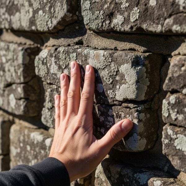 a hand touching the weathered, historic stone blocks of a plantation wall