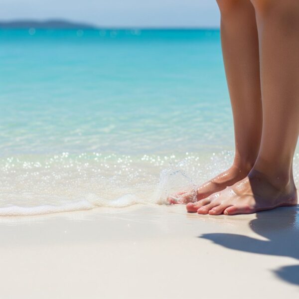Feet standing on white sand at the water's edge, with the turquoise water of Mudjin Harbour gently lapping the shore.