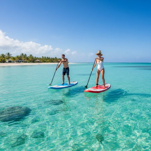 Man and woman paddleboarding in Caicos